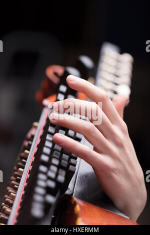 Händen eine Nyckhelharpor spielen diese Handarbeit altes traditionelle schwedische Musikinstrument, verwendet in einer volkstümlichen Konzert oder Tanz-party Stockfoto