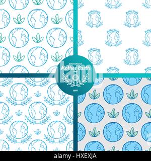 Internationalen Tag der Mutter Erde, April 22. Nahtloses Muster Ökologie gesetzt, Vektor aneinander Hintergründe. Planetenerde, Globus, Baum und Olivenzweig. Hand Stock Vektor