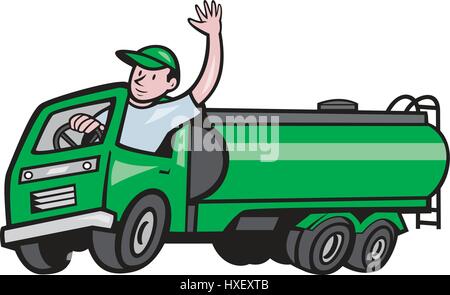 Abbildung 6 6 Wheeler Tanker LKW Benzin Tankwagen mit Fahrer winken Hallo auf isolierten weißen Hintergrund im Cartoon-Stil gemacht. Stock Vektor