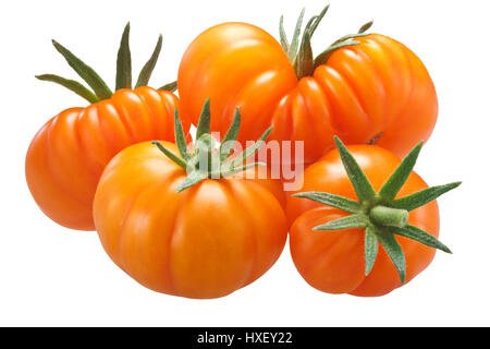 Gelbe gerippte Heirloom Tomaten (Solanum Lycopersicum var. Togorific). Beschneidungspfade, schattenfreie Stockfoto