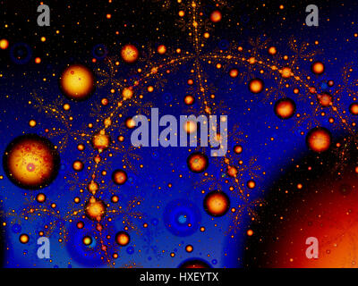 Futuristische digital Fraktalbild ähnlich explodierende Planeten im Weltraum. Leuchtende orange Schichten in dunkelblauen Hintergrund. Stockfoto