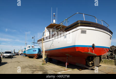 Newquay, frisch gestrichene Boote auf Blöcke, Hafen Kai Cornwall England UK. Stockfoto