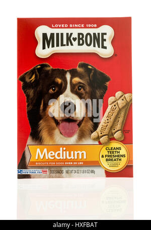 Winneconne, Wisconsin - 19. März 2017: Box of Milk Bone Hund behandelt auf einer isolierten Hintergrund. Stockfoto