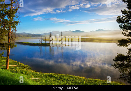 Hayden Valley mit dem Yellowstone River im Morgengrauen, Yellowstone-Nationalpark, Wyoming, Vereinigte Staaten von Amerika Stockfoto