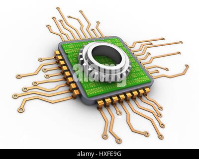 3D Abbildung des goldenen Computerprozessor auf weißem Hintergrund mit Getriebe Stockfoto