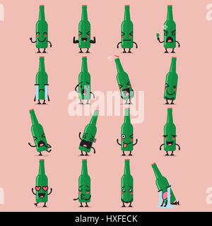 Bier Flasche Emoji Zeichensatz. Lustige Comic-emoticons Stock Vektor