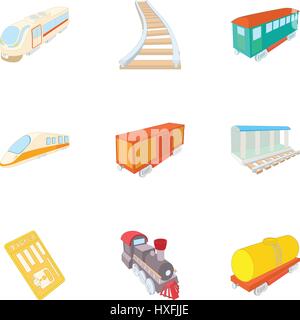 Zug Fahrt Symbole gesetzt, Cartoon-Stil Stock Vektor