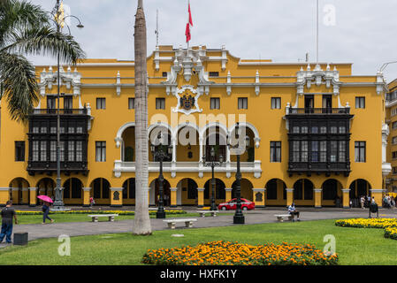 Das Rathaus an der Plaza Mayor des historischen Zentrums. Lima, Peru. Stockfoto