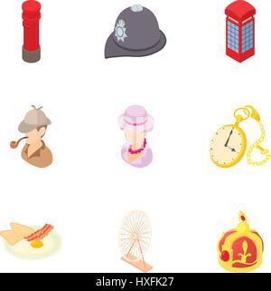 Sehenswürdigkeiten von England Icons Set, Cartoon-Stil Stock Vektor