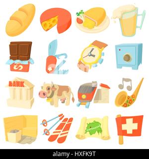Schweiz-Reise-Ikonen-Set, Cartoon-Stil Stock Vektor