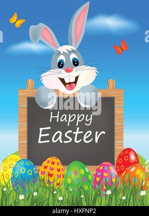 Ostern Grußkarte mit bunten Eiern und Hasen. Stock Vektor