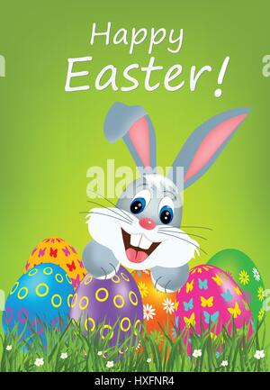 Ostern Grußkarte mit bunten Eiern und Hasen. Stock Vektor