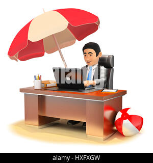 Geschäft Leute 3D-Illustration. Geschäftsmann, arbeiten in seinem Büro am Strand. Isolierten weißen Hintergrund. Stockfoto
