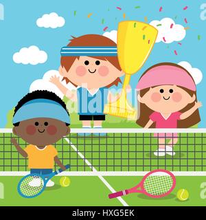 Kinder spielen Tennis. Champion-Kindertennisspieler auf dem Tennisplatz mit einer Trophäe. Vektorabbildung Stock Vektor