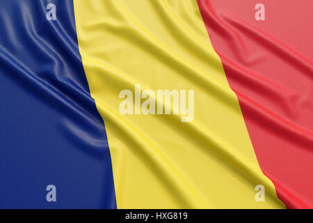 Flagge des Tschad. Wellige hoch detaillierte Stoff. Abbildung 3D-Rendering Stockfoto