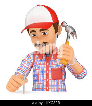 arbeitenden Menschen 3D-Illustration. Arbeiter Nagelung einen Nagel mit einem Hammer. Isolierten weißen Hintergrund. Stockfoto