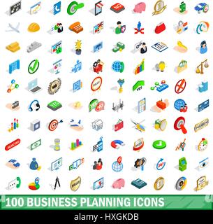 100 Business Planung Icons Set, isometrische Stil Stock Vektor