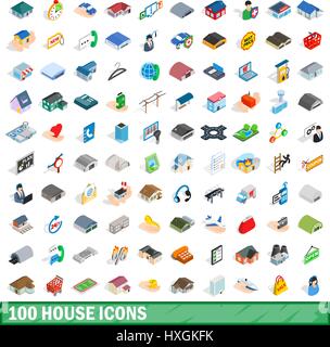 100 Haus Icons Set, isometrischen 3d Stil Stock Vektor