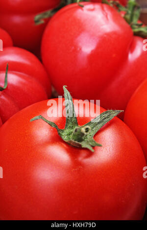 Omato Textur. Große rote Tomaten Closeup Hintergrundfoto. Haufen von Tomaten. Tomaten-Muster mit Studioleuchten. Stockfoto