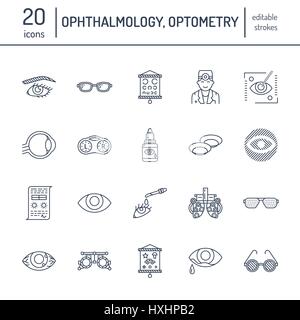 Augenheilkunde, Augen Gesundheitswesen Linie Symbole. Optometrie Ausrüstung, Kontaktlinsen, Brille, Blindheit. Vision Korrektur dünne lineare Zeichen für Augenarzt c Stock Vektor