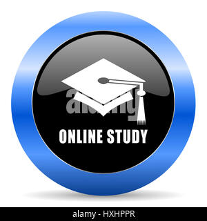 Online-Studie schwarze und blaue Webdesign Runde Symbol "Internet" mit Schatten auf weißem Hintergrund. Stockfoto