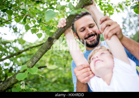 Vater mit Sohn spielt und hilft ihm Baum klettern Stockfoto