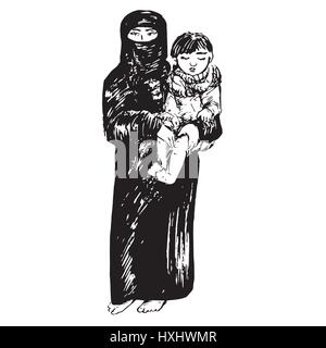 Muslimische Mutter in schwarzen Burka mit Kind in ihren Händen stehend, isoliert und schwarz handgezeichnete Vektor-Illustration in Tusche-Zeichnung Pop-Art Stil Stock Vektor