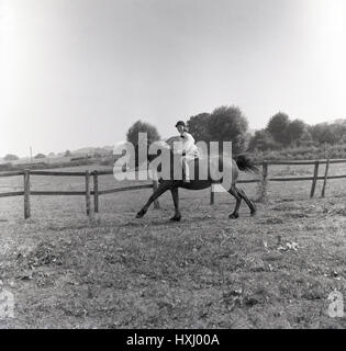 historische, junge Frau auf einem Pferd in einem eingezäunten Weide-Feld auf einem Bauernhof, England der 1960er Jahre. Stockfoto