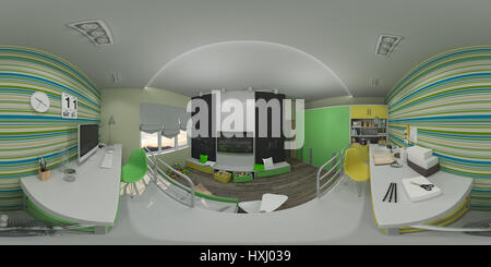 3D Darstellung der Innenarchitektur für das Kinderzimmer in grün und gelb. Render wird ausgeführt, 360-Grad-sphärische nahtlosen Panorama f Stockfoto