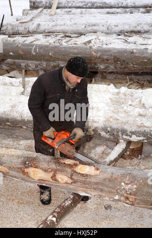 Gebiet Leningrad, Russland - 2. Februar 2010: Woodman schält Rinde aus Protokollen, mit einer Kettensäge. Stockfoto