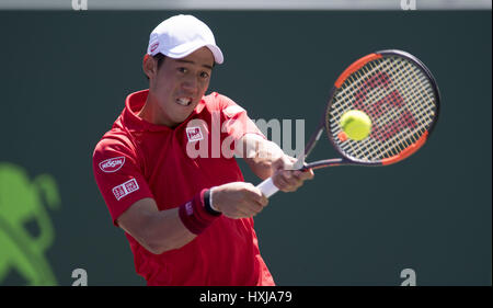 Miami, Florida, USA. 28. März 2017. Kei Nishikori (JPN) in Aktion hier besiegt Federico Delbonis (ARG) 63, 46, 63 an der 2017 Miami Open in Key Biscayne, FL. Credit: Andrew Patron/ZUMA Draht/Alamy Live News Stockfoto