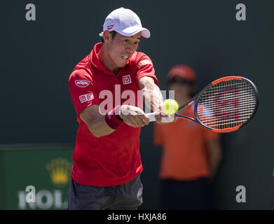 Miami, Florida, USA. 28. März 2017. Kei Nishikori (JPN) in Aktion hier besiegt Federico Delbonis (ARG) 63, 46, 63 an der 2017 Miami Open in Key Biscayne, FL. Credit: Andrew Patron/ZUMA Draht/Alamy Live News Stockfoto