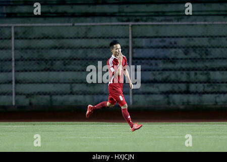 Manila, Philippinen. 28. März 2017. Bishal Rai von Nepal feiert erzielte während des AFC Asian Cup UAE 2019 Qualifikation Final Runde Gruppe F-Spiels zwischen den Philippinen und Nepal im Rizal Memorial Stadium in Manila, Philippinen, 28. März 2017. Die Philippinen gewann 4: 1. Bildnachweis: Rouelle Umali/Xinhua/Alamy Live-Nachrichten Stockfoto