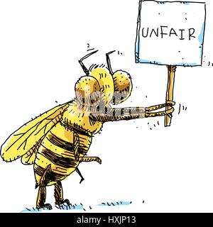 Eine Cartoon-Biene Proteste unfairen Behandlung mit einem Protest-Schild Stock Vektor