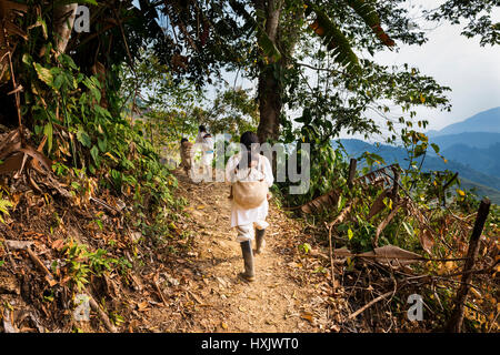 Sierra Nevada de Santa Marta, Kolumbien - 8. März 2014: Kogi Familie gehen in eine Spur im Wald in der Sierra Nevada de Santa Marta, Kolumbien Stockfoto