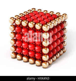 Rote und goldene Kugeln bilden eine Würfelform. 3D Illustration. Stockfoto