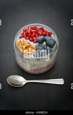 Pudding mit Chia-Samen, Joghurt und frisches Obst im Glas-Glas-Nahaufnahme Stockfoto