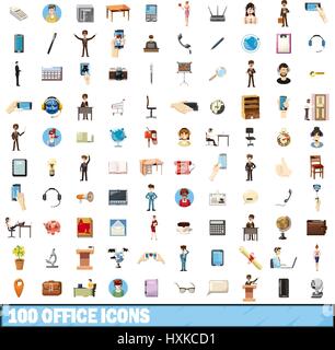 100 Office-Symbole gesetzt, cartoon-Stil Stock Vektor