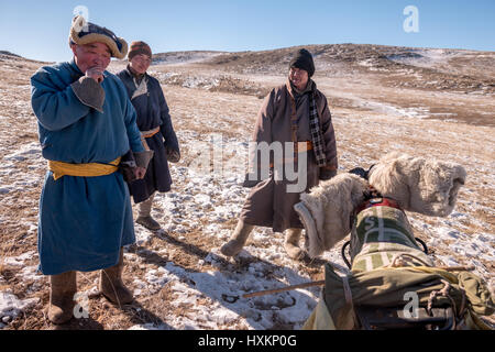 Mongolische Schafe und Ziegen Hirten in der Wüste Gobi verwalten ihre Herden mit einem Motorrad. Stockfoto