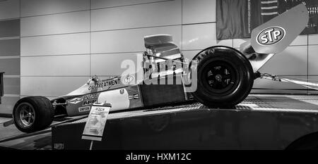 STUTTGART, Deutschland - 2. März 2017: Rennwagen Marsch 73A F5000, 1973. Schwarz und weiß. Europas größte Oldtimer-Messe "RETRO CLASSICS" Stockfoto