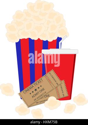 Abstrakte flachen Hintergrund mit alten Stil Ticket, Big Pop Corn und Tasse Papierschablone für Soda Symbole. Vektor-Illustration-EPS10 Stock Vektor