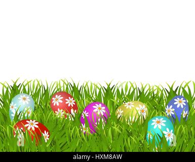 Frohe Ostern. Ostern bemalte Eiern mit einem Muster von Gänseblümchen auf der Wiese. Abbildung Stock Vektor