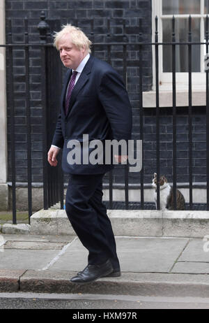 Außenminister Boris Johnson geht vorbei an Larry die Katze draußen 10 Downing Street, London, nach der wöchentlichen Kabinettssitzung. Stockfoto