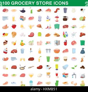 100 Lebensmittelgeschäft Icons set, cartoon-Stil Stock Vektor