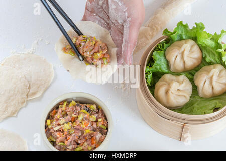 Hände, die hausgemachte Dim Sum asiatische Teigtaschen Brötchen vorbereiten Stockfoto