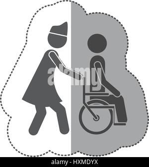 Aufkleber monochrome Silhouette Krankenschwester helfen, eine andere Person, die einen Rollstuhl schieben Stock Vektor