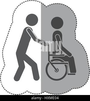 Aufkleber monochrome Silhouette Person hilft ein weiterer Stoß einen Rollstuhl Stock Vektor