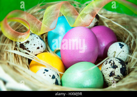 Hühnereier, lackiert in verschiedenen Farben für Ostern Stockfoto