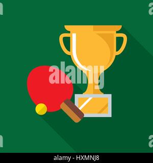 Tabelle tennish Padddle und Ball mit Goldschale flache Designikone lange Schatten Stock Vektor