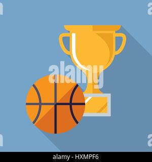 Basketball Ball und Gold Pokal flache Bauweise lange Schatten-Symbol Stock Vektor